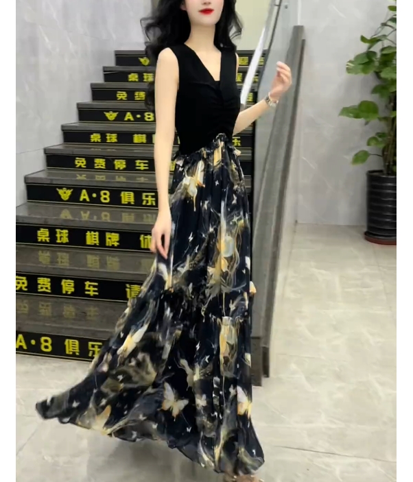 时尚气质显瘦高腰拼接印花无袖大摆长裙连衣裙CY52902