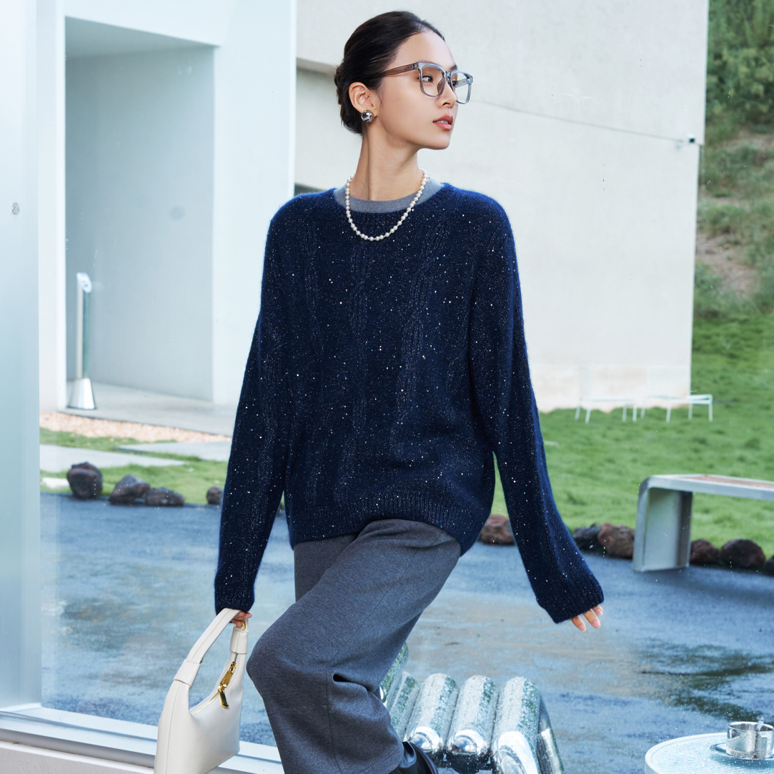 【俪妍】藏蓝色圆领套头毛衫