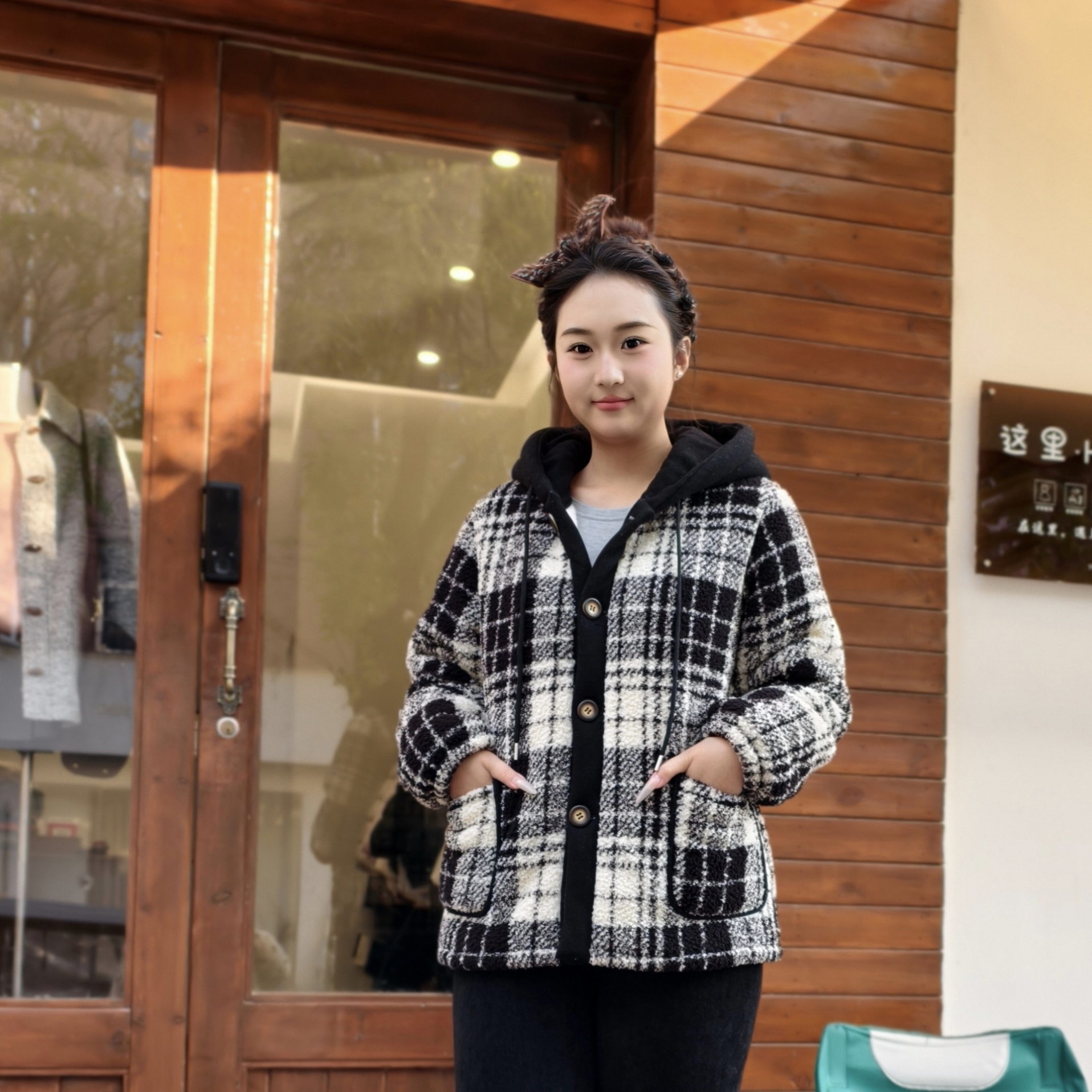格子连帽三层加厚夹棉女可外穿家居服卷卷绒2025冬季爆款休闲加绒