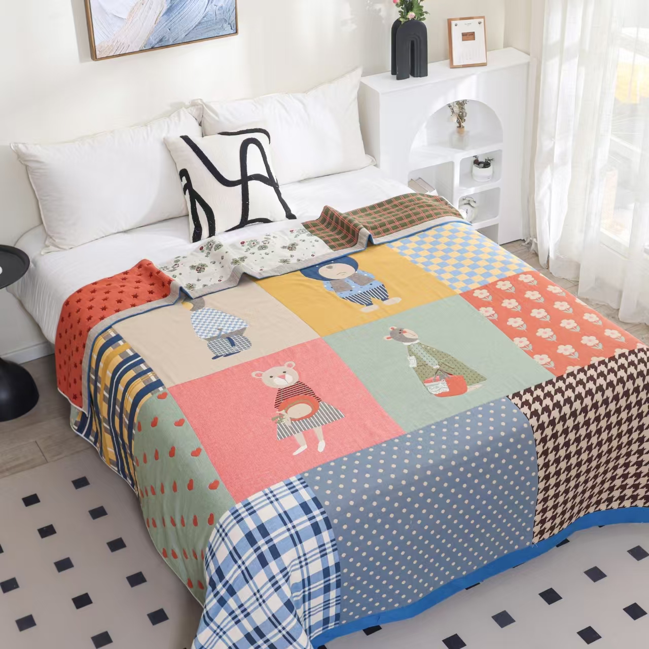 贴布熊 2*2.3M韩风纯棉亲肤手工拼接百纳布加厚床盖