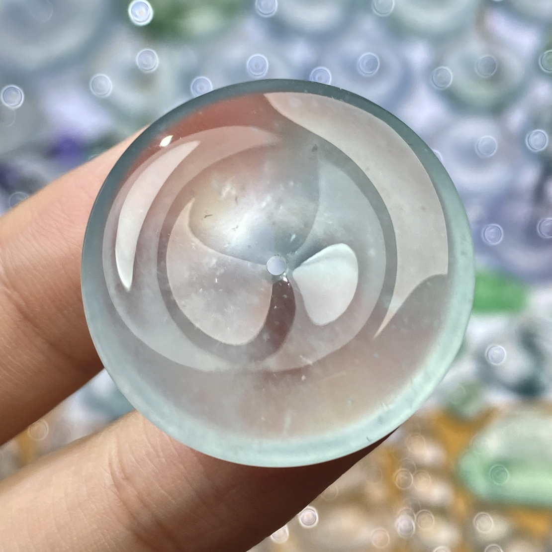 天然缅甸a货翡翠平安扣蓝钢高冰玻璃底扣子 尺寸：28.8-6.2