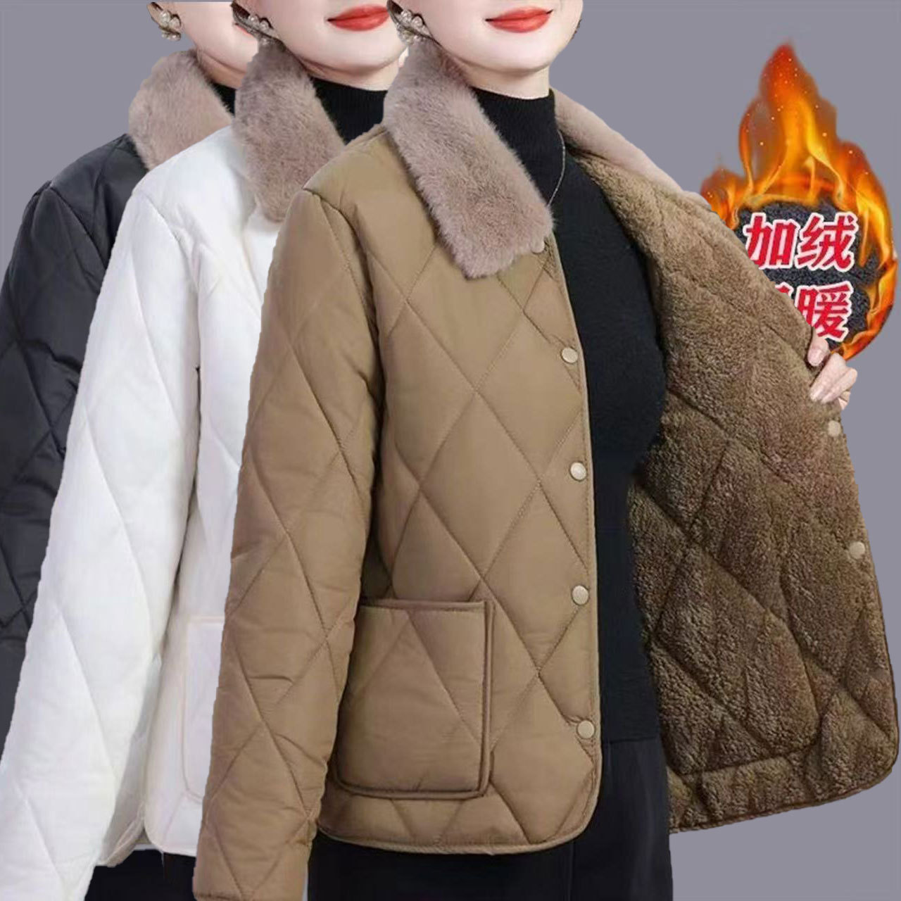 2025冬季欧美新款女式棉衣中长款大毛领加绒棉袄羽绒棉服棉袄外套