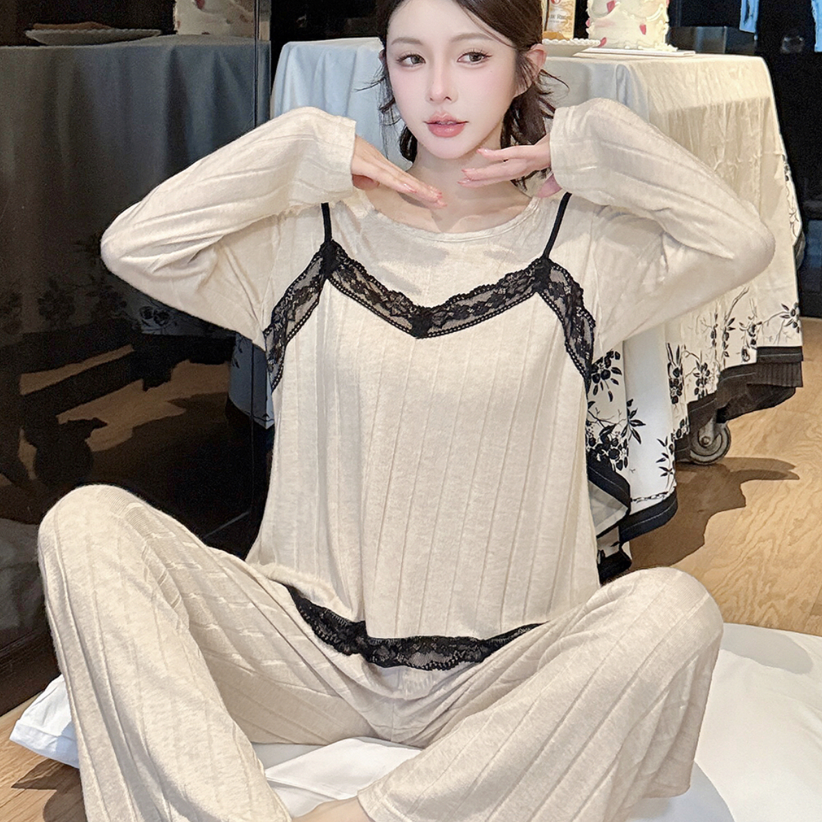 春秋季长袖带胸垫甜美女款睡衣家居服套装