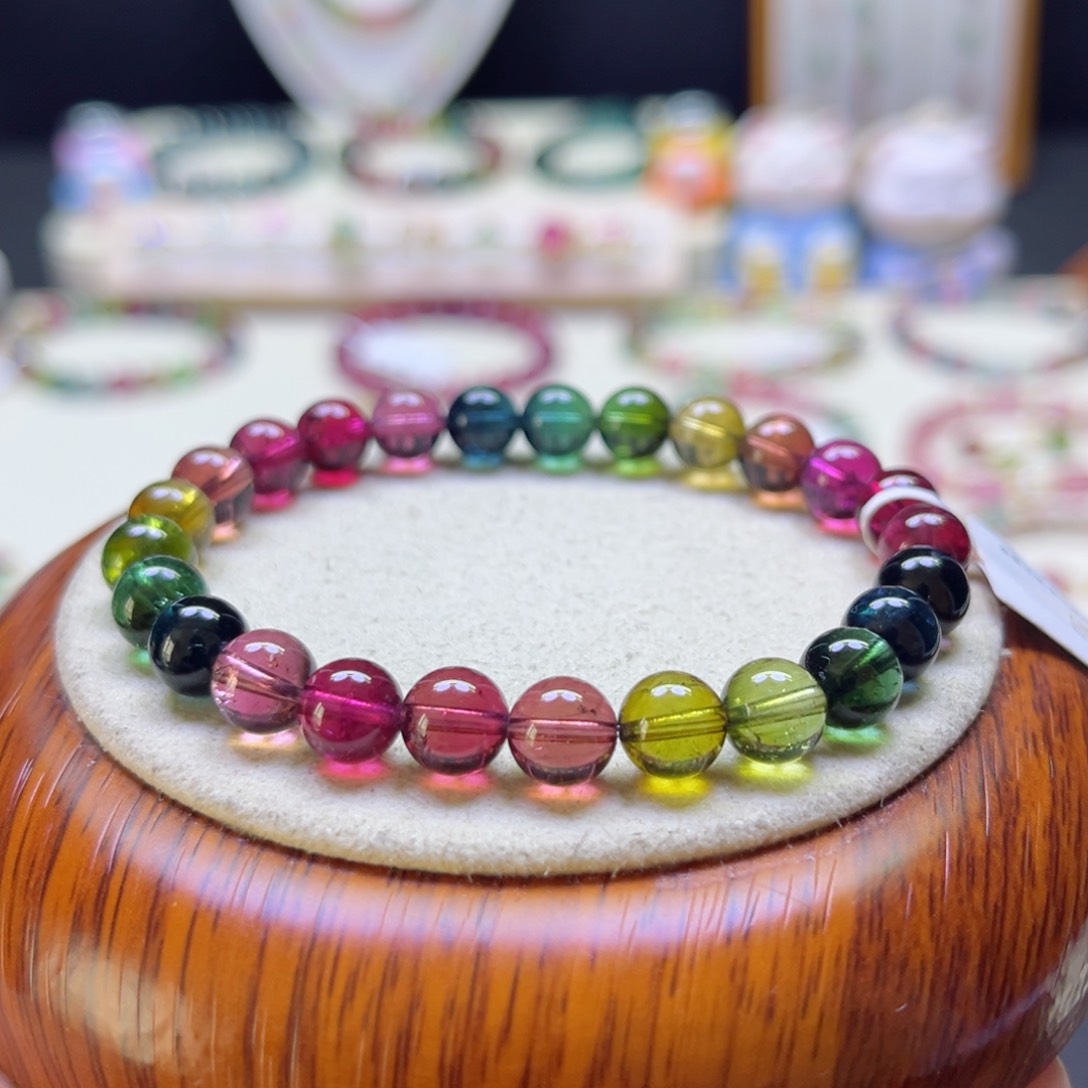 碧玺手链未镶嵌7.5mm色标彩虹