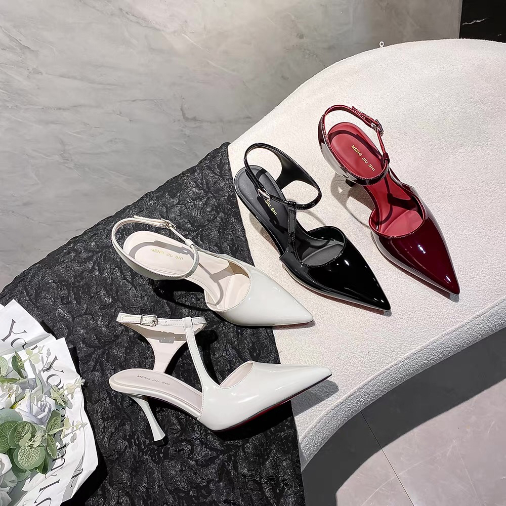 小众设计感高跟鞋女酒红色鞋子女2025新款包头一字带细跟凉鞋3368