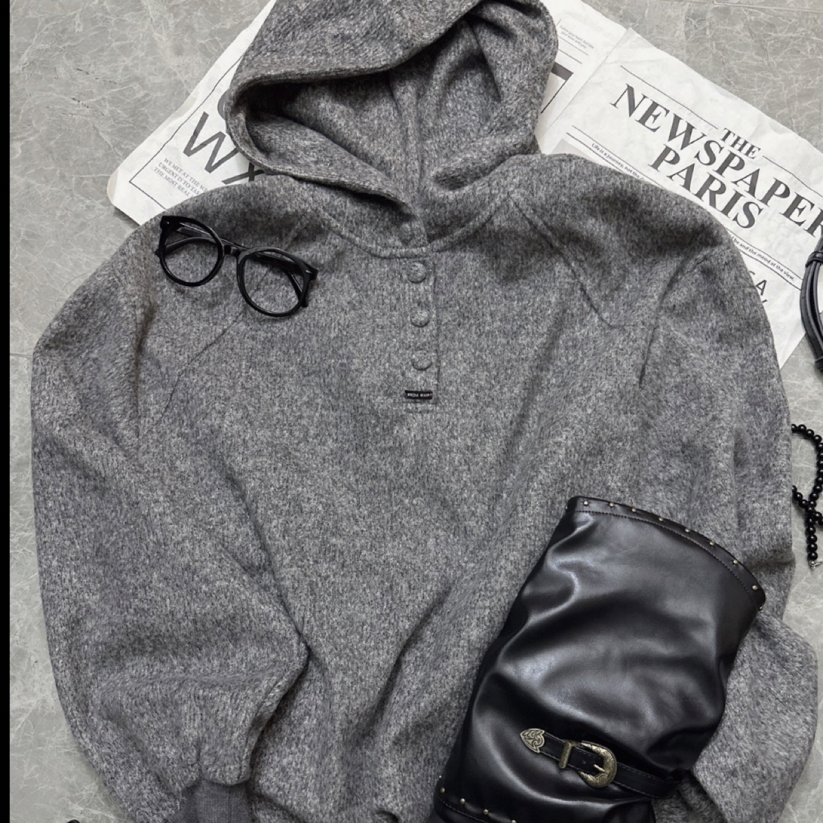 「雪花绒连帽卫衣」欧货洋气百搭三粒扣雪花绒毛呢连帽中长款卫衣女