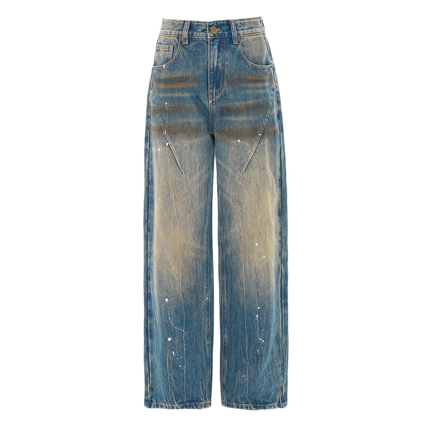 3310#宽松直筒牛仔裤美式休闲阔腿裤子泼墨擦脏做旧高街潮牌男装