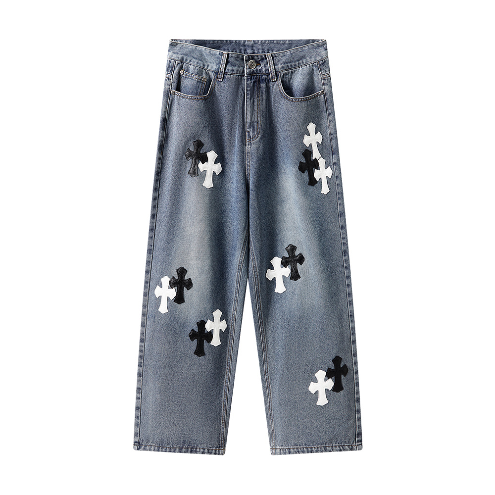 十字克罗心哥特水洗牛仔裤男潮流长裤英伦风男士宽松牛仔裤复古