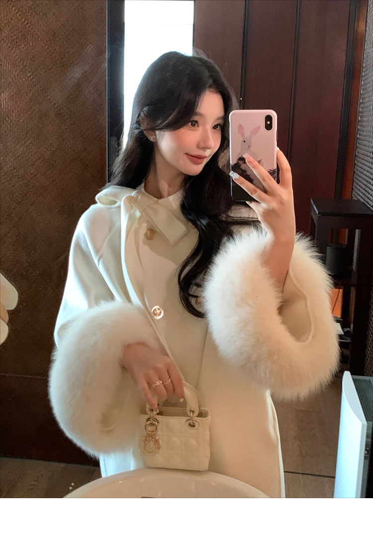 【温莎千金】反季福利蝴蝶结双面羊毛大衣女斗篷狐狸毛羊毛呢外套