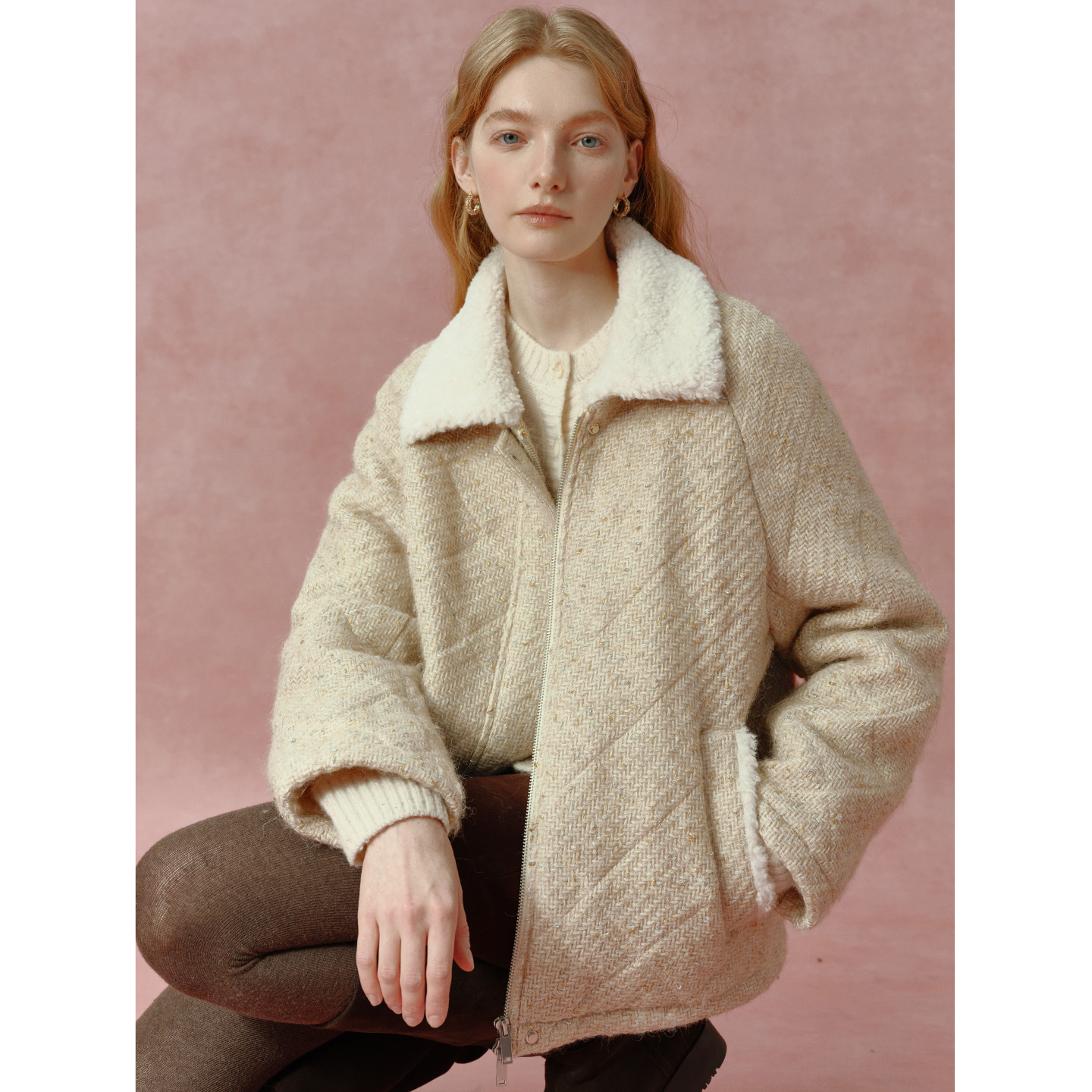 小岛微风“奶茶松饼”柔光鱼鳞3m新雪丽暖绒棉服毛呢外套WT121801