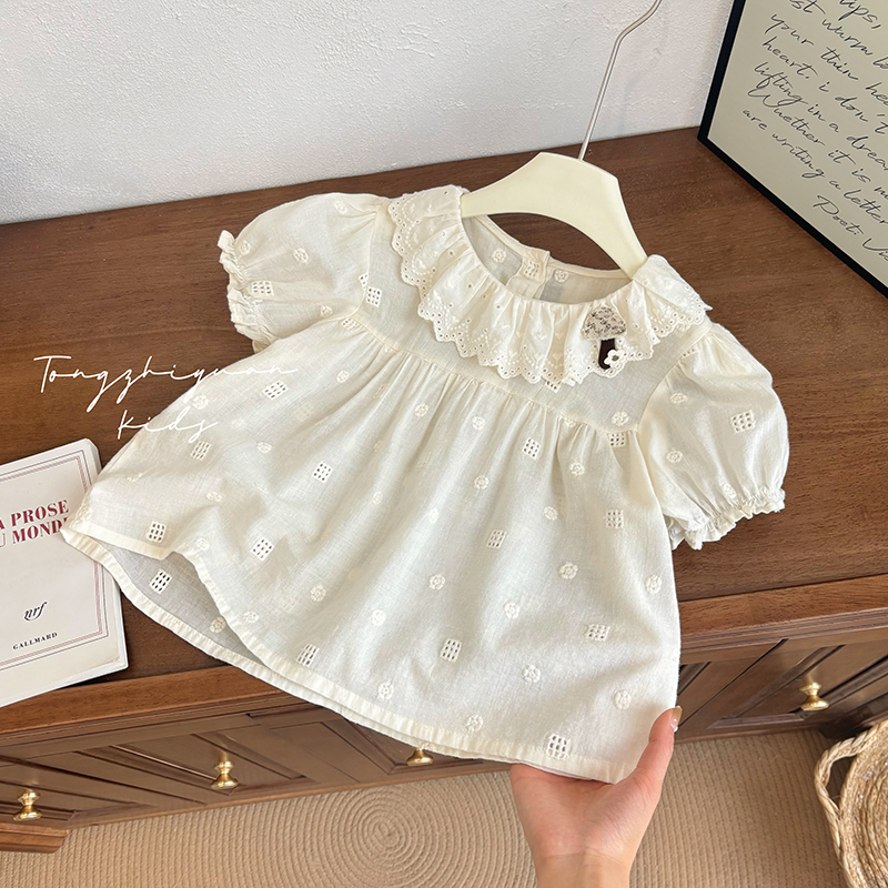 女童夏季新款时尚洋气花边短袖衬衣衬衫纯棉女童洋气花边短袖衬衫