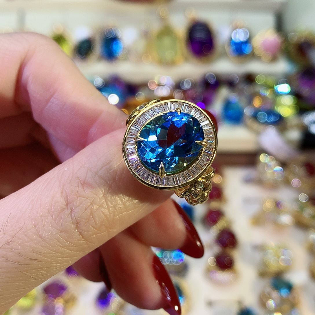 托帕石戒指银S925镀金镶嵌