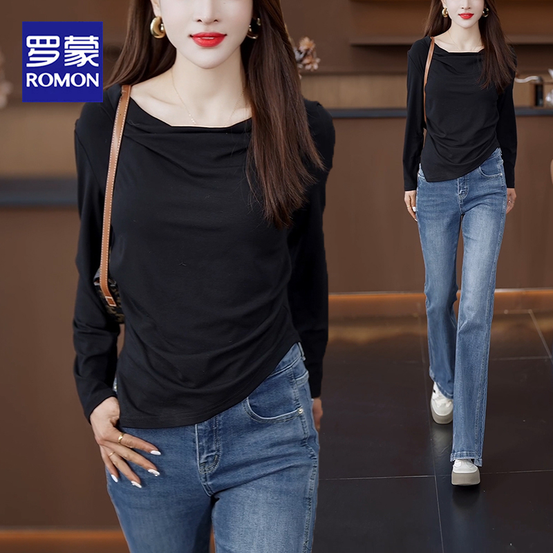 Romon/罗蒙不对称t恤女长袖2025春秋气质打底衫内搭洋气减龄上衣
