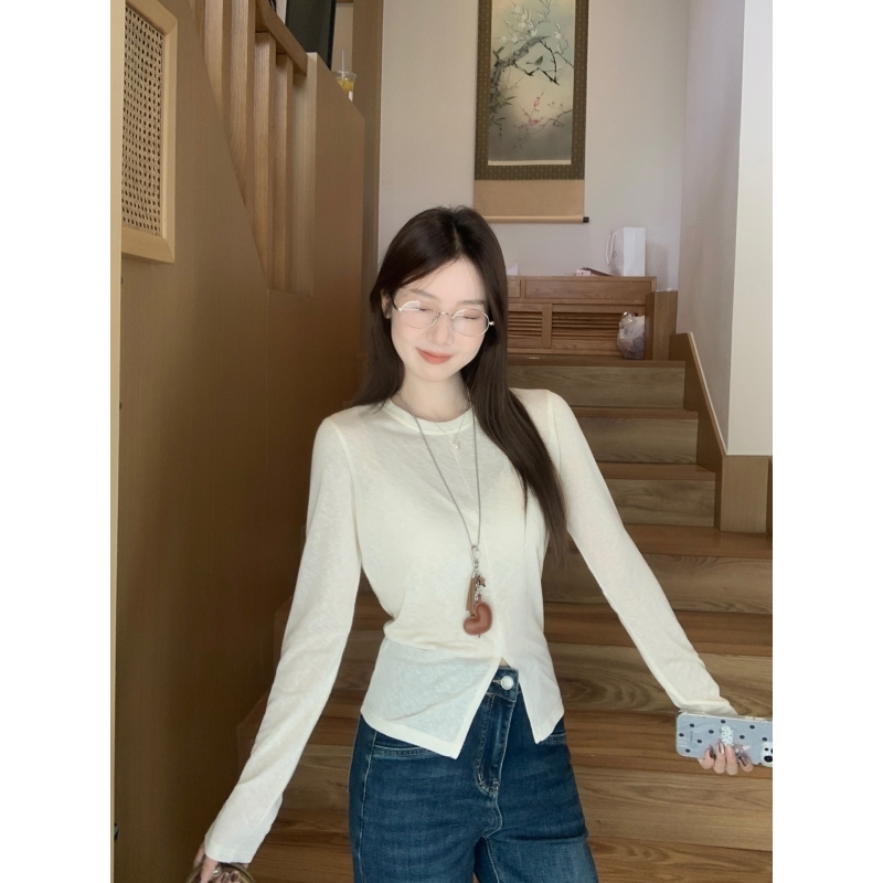 【年终捡漏】乌77韩系开叉圆领长袖t恤女通勤百搭收腰显瘦薄款