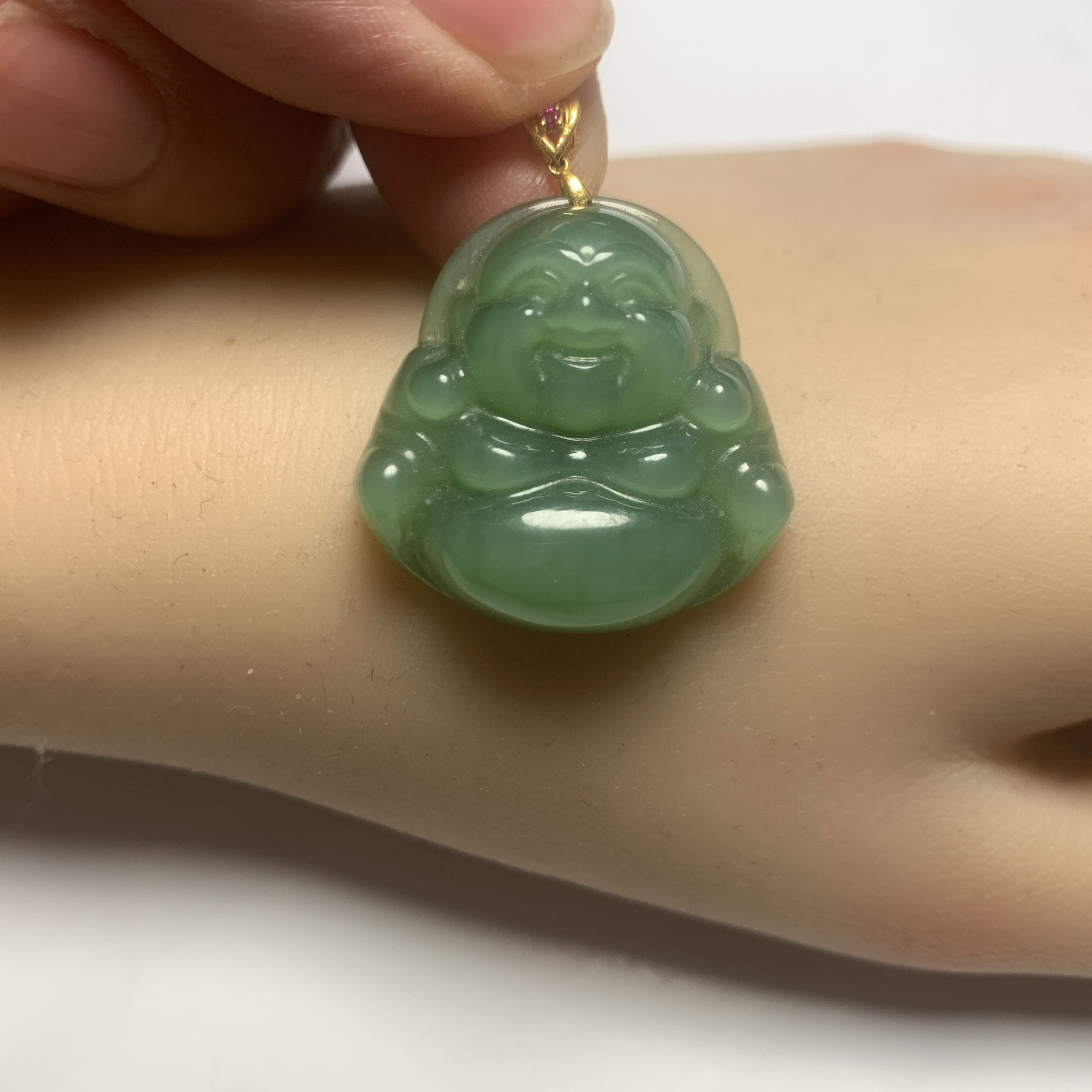 老料碧玉佛吊坠 18k金扣头