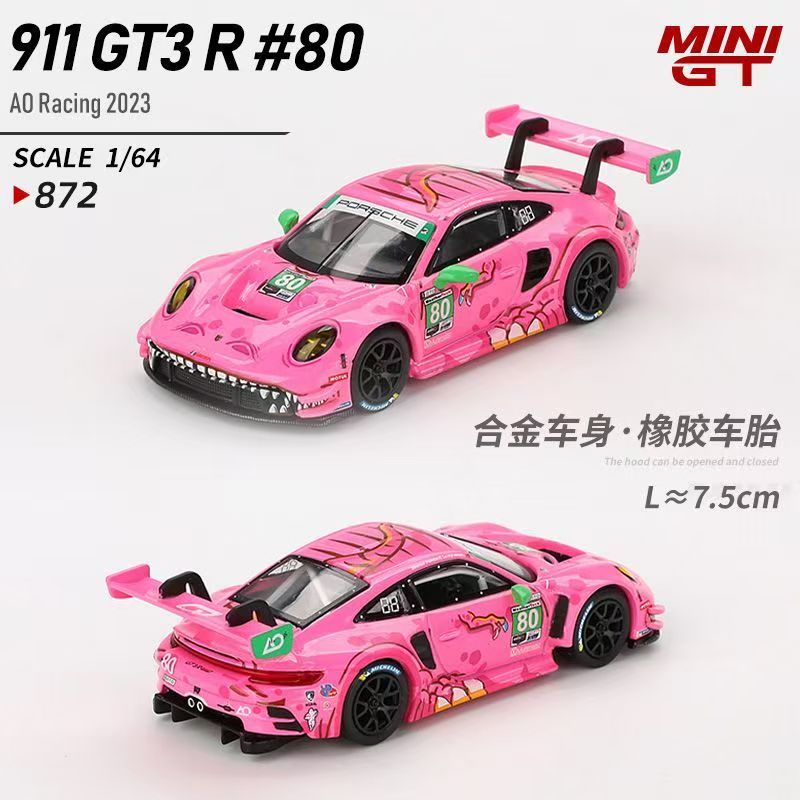 MINIGT 1：64#872保时捷911GT3 R 80号 粉恐龙合金车模
