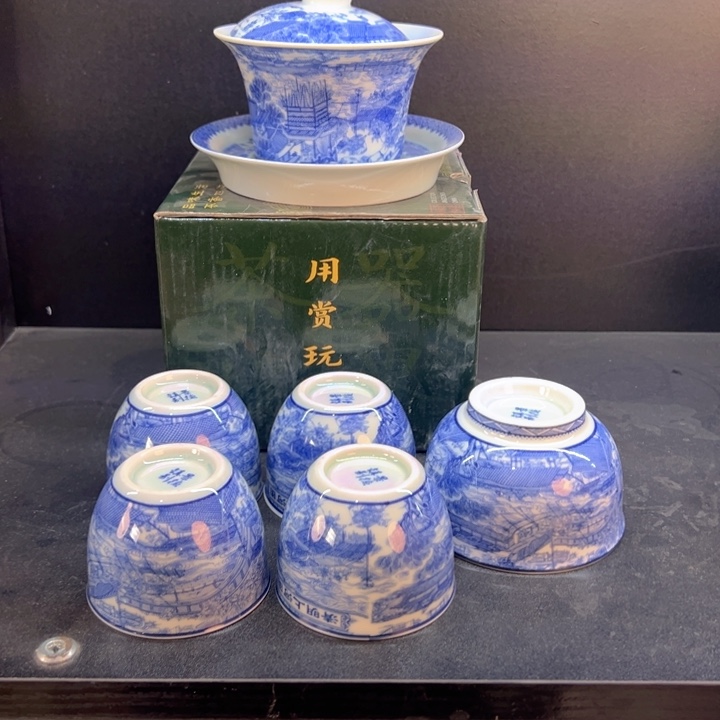 瓷片白青花清明上河图六件套全品