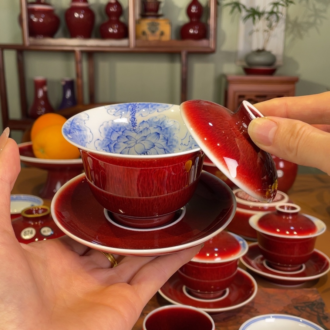 清欢雅雅玩原矿郎红福利内绘荷花元宝盖碗120毫升