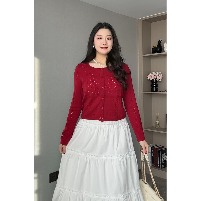 大码女装12针亲肤羊毛针织开衫早春新款挑孔设计感正肩显瘦短外套