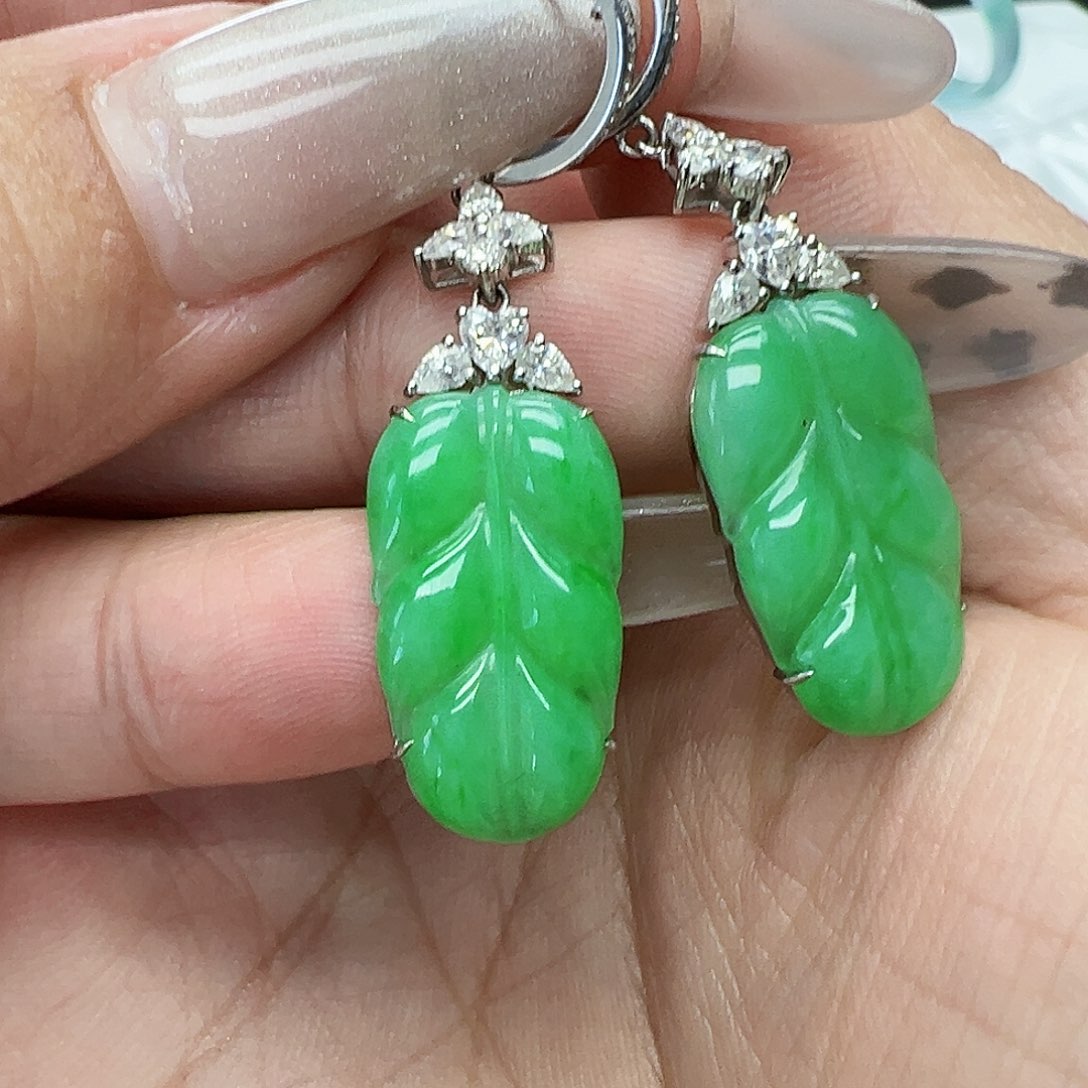 翡翠耳饰18K金镶嵌道天然缅甸A货翡翠