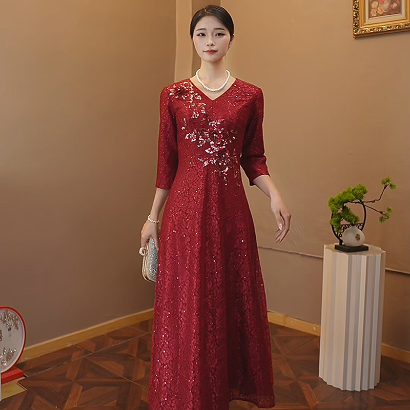 高档气质喜婆婆婚宴装酒红色喜庆婚宴儿子结婚喜妈妈敬酒礼服长款