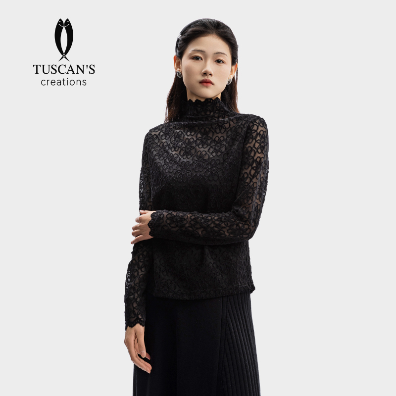 TUSCAN'S CREATIONS新款气质日常百搭提花女款休闲半高领长袖T恤