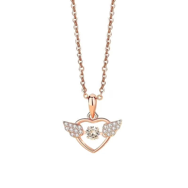 【14】灵动心形项链女韩国天使之翼镶钻吊坠爱心锁骨链