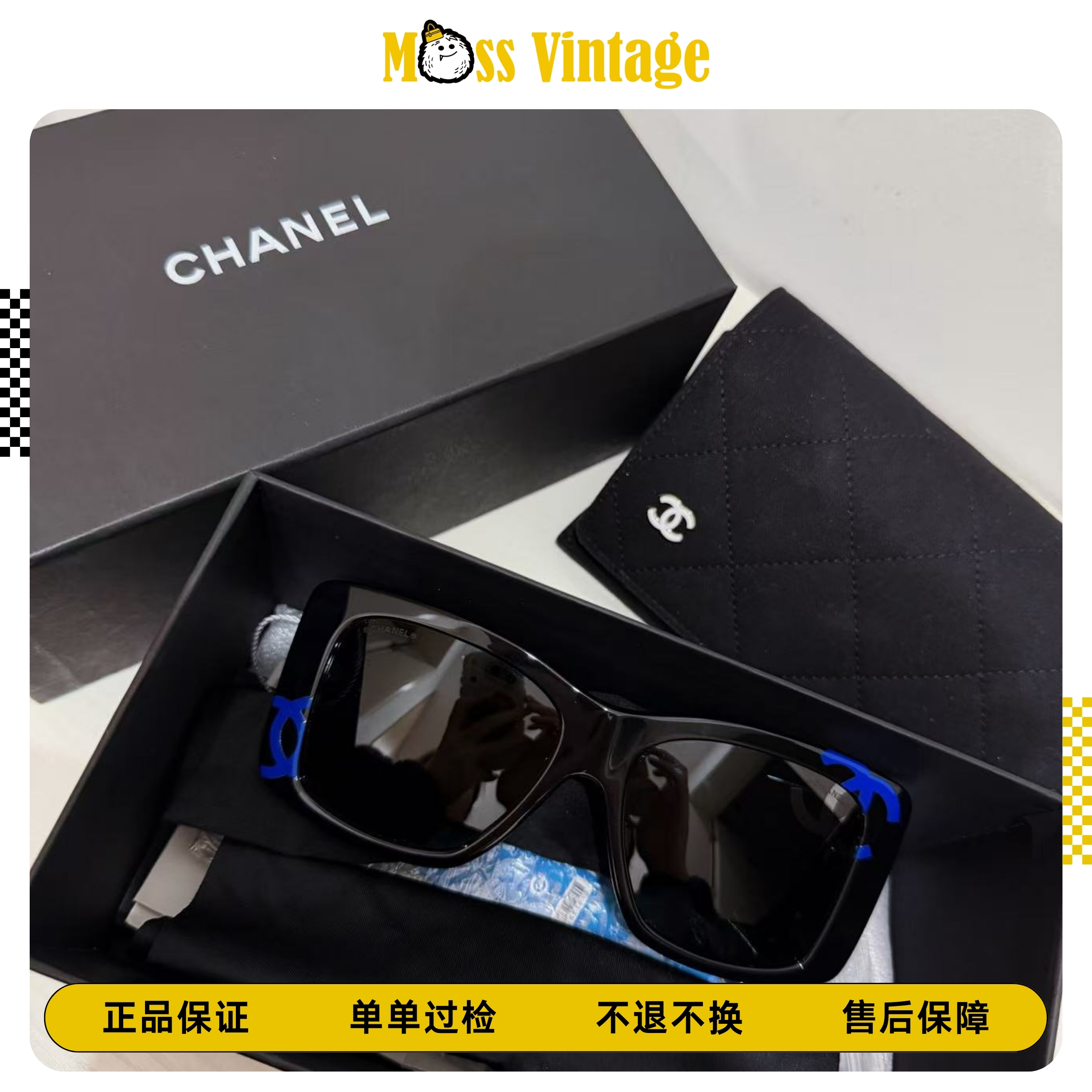 99新 Chanel/香奈儿 Moss-黑色拼蓝色不规则logo墨镜/89956