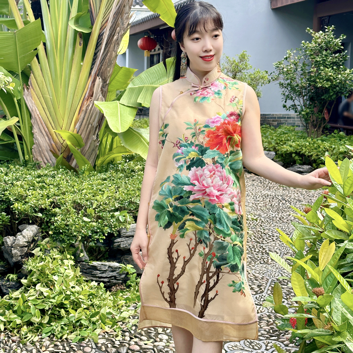 新中式国风非遗手工苏绣国色芳华牡丹花真丝复古旗袍连衣裙夏季女