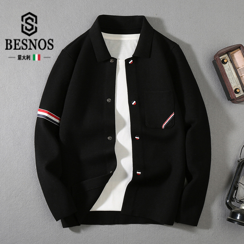 BESNOS男士毛衣开衫秋季新款韩版潮流时尚翻领针织夹克外套线衫