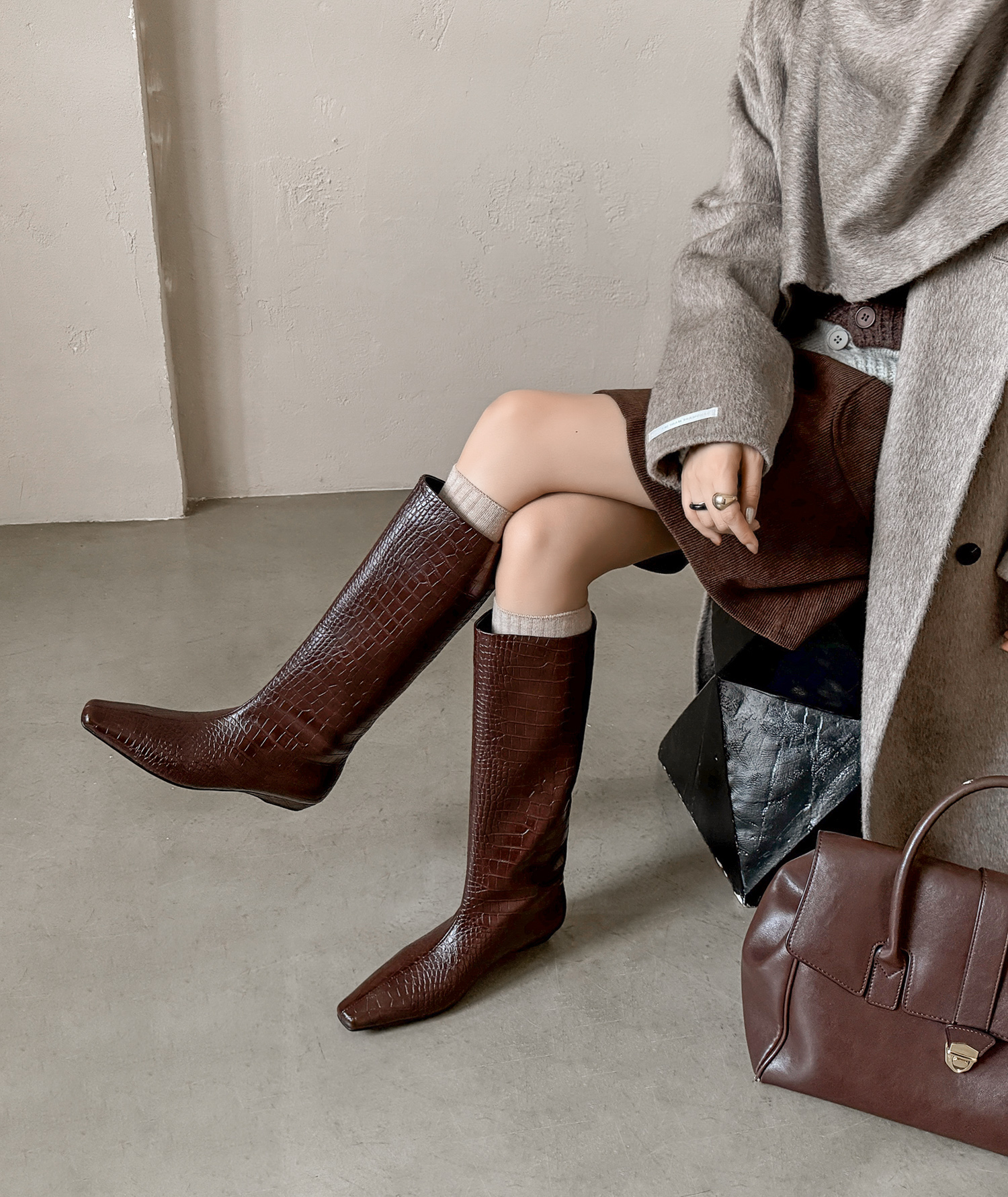【唐唐家】显瘦长腿神器纯皮不过膝长靴高筒骑士靴鳄鱼纹长靴粗跟