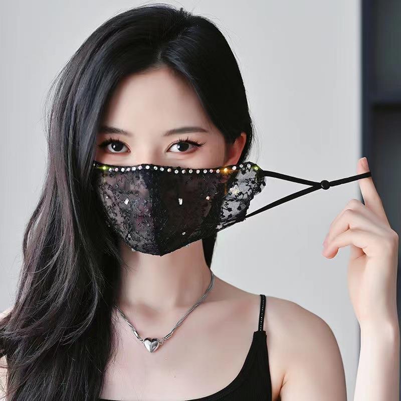 网红直播面纱遮脸夏季薄款蕾丝口罩刺绣立体带钻高颜值装饰品道具