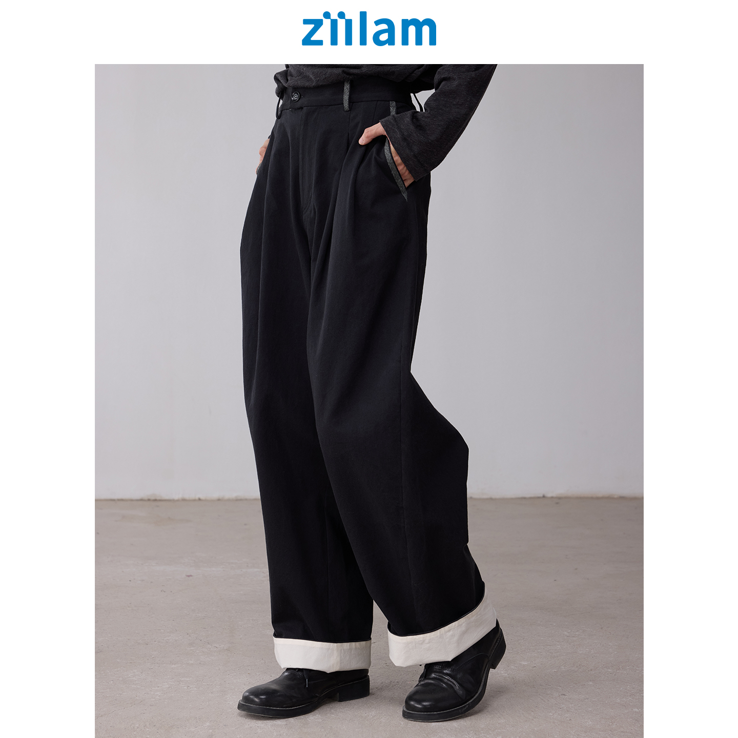 ziilam枝蓝 锥形休闲裤匹马棉翻边裤脚立体剪裁工装长裤男女