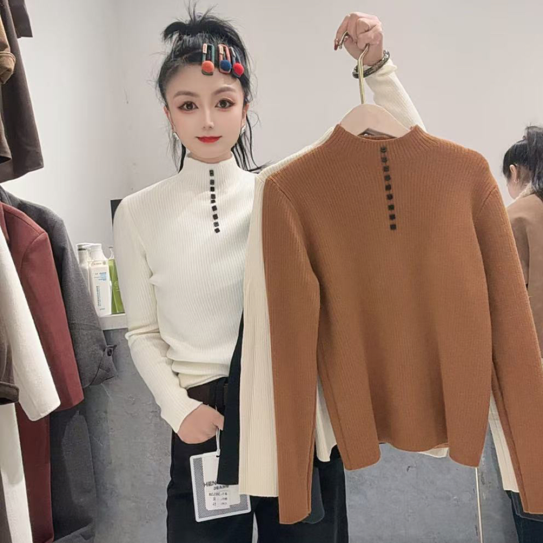 半高领带扣一体绒打底衫上衣