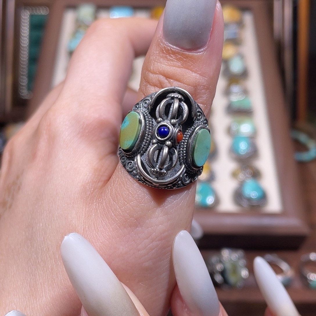 风***散绿松石银S925镶嵌戒指戒指