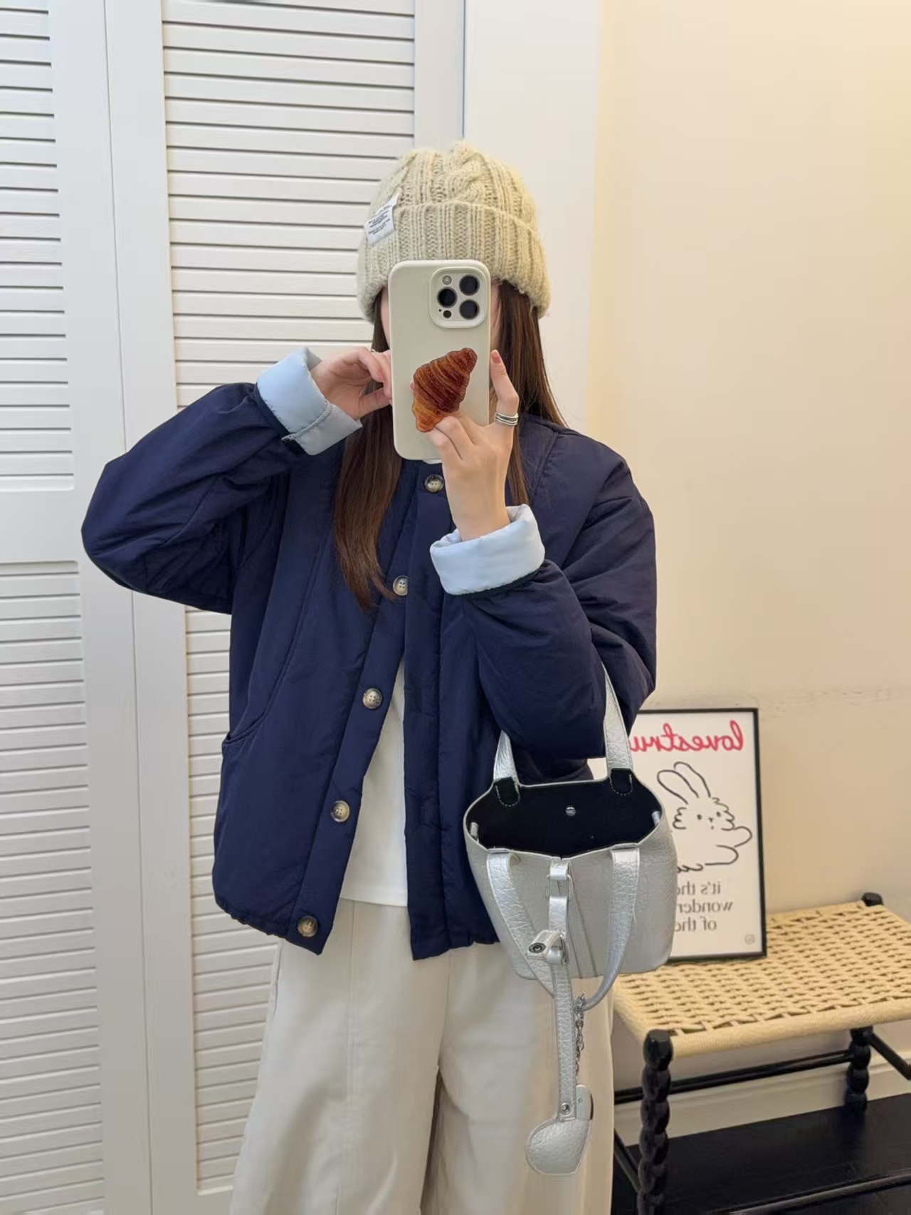 NXH-[秋冬穿搭get]韩系温柔风撞色单排扣棉服加厚外套O-25810