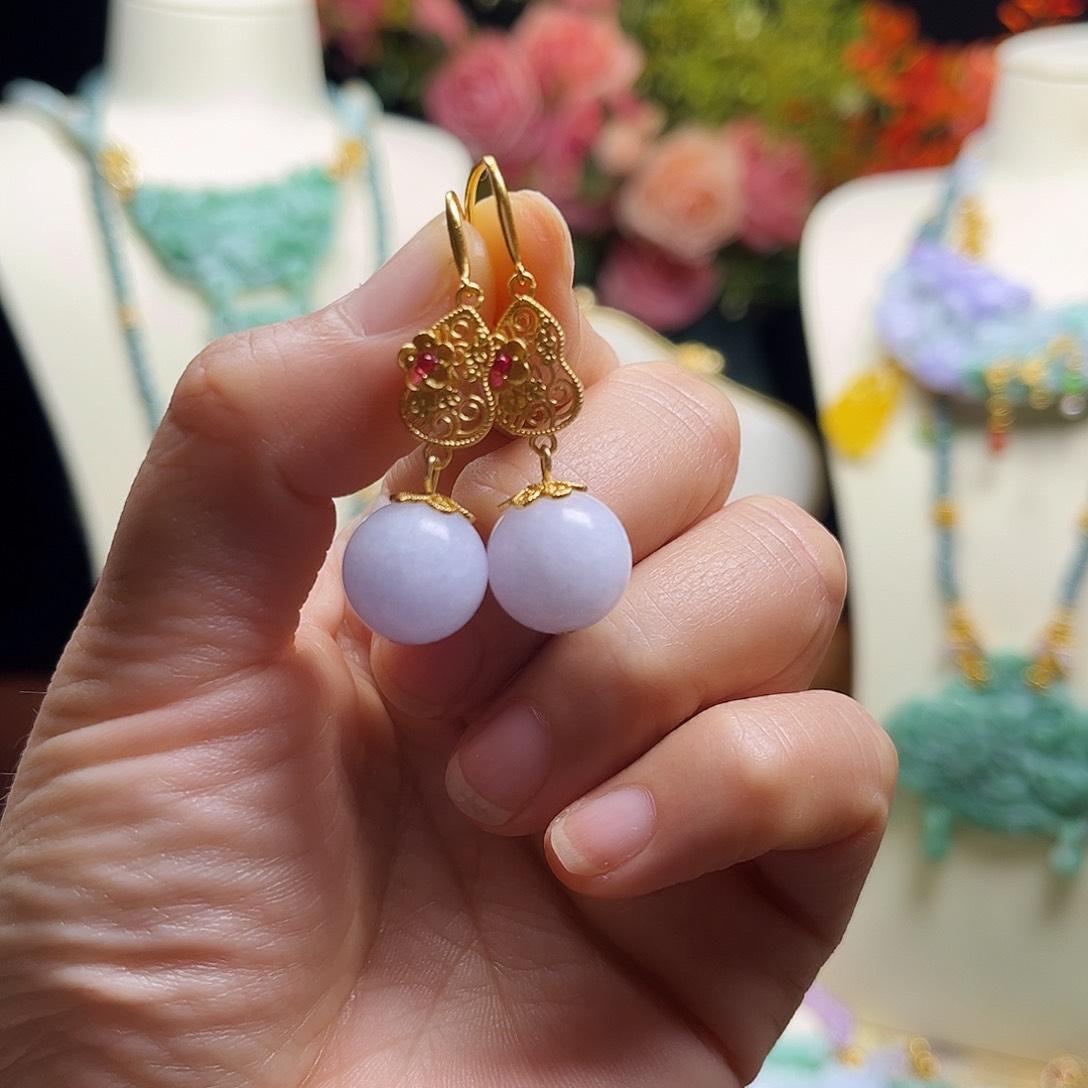 翡翠耳饰银S925镀金镶嵌