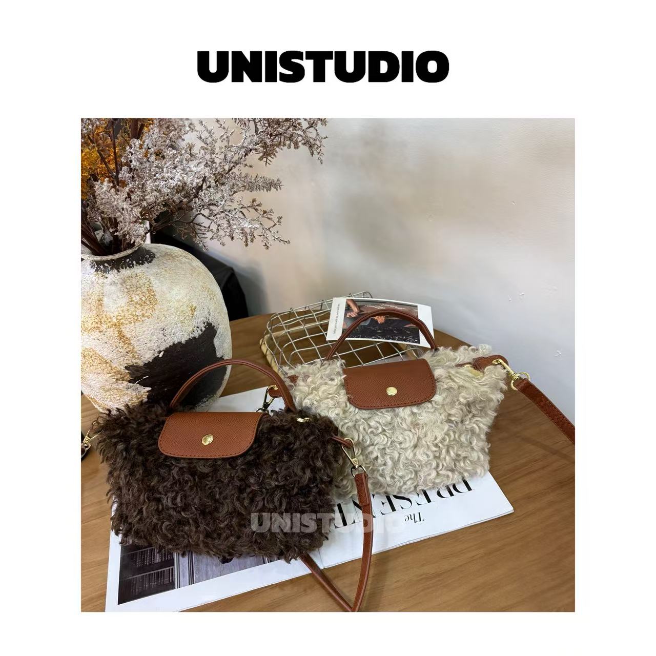 高级感羊羔毛手提包包女2025新款时尚百搭毛茸茸水桶包单肩斜挎包