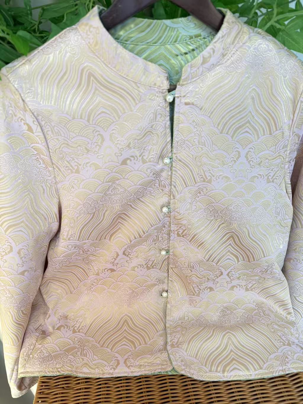 悦季秋款（粉荷）提花开衫中式双面穿上衣圆领女士上衣