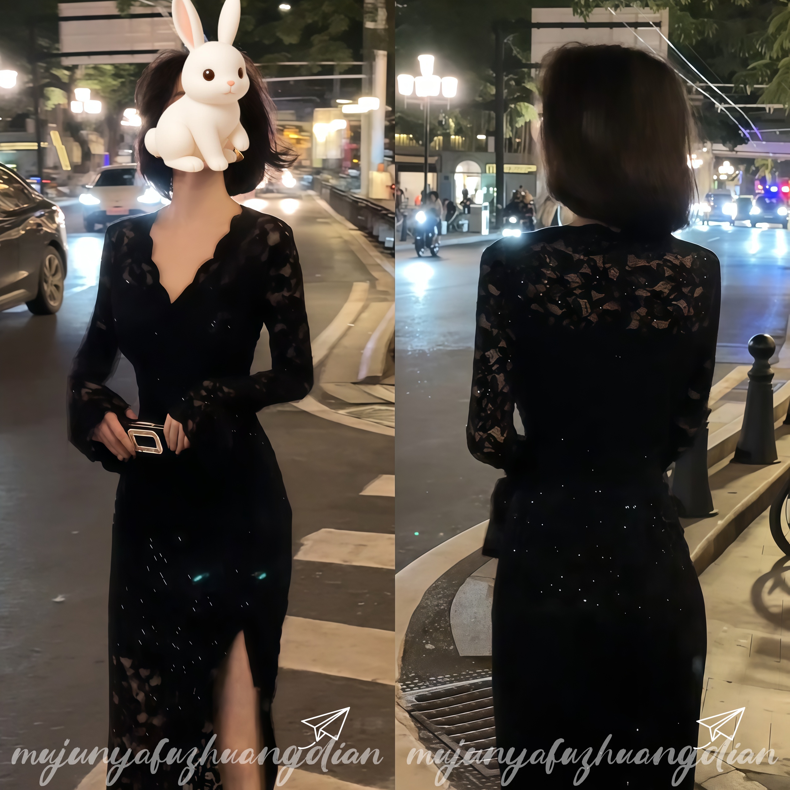 纯欲气质御姐V领细闪蕾丝连衣裙女2025冬收腰性感开叉包臀连衣裙