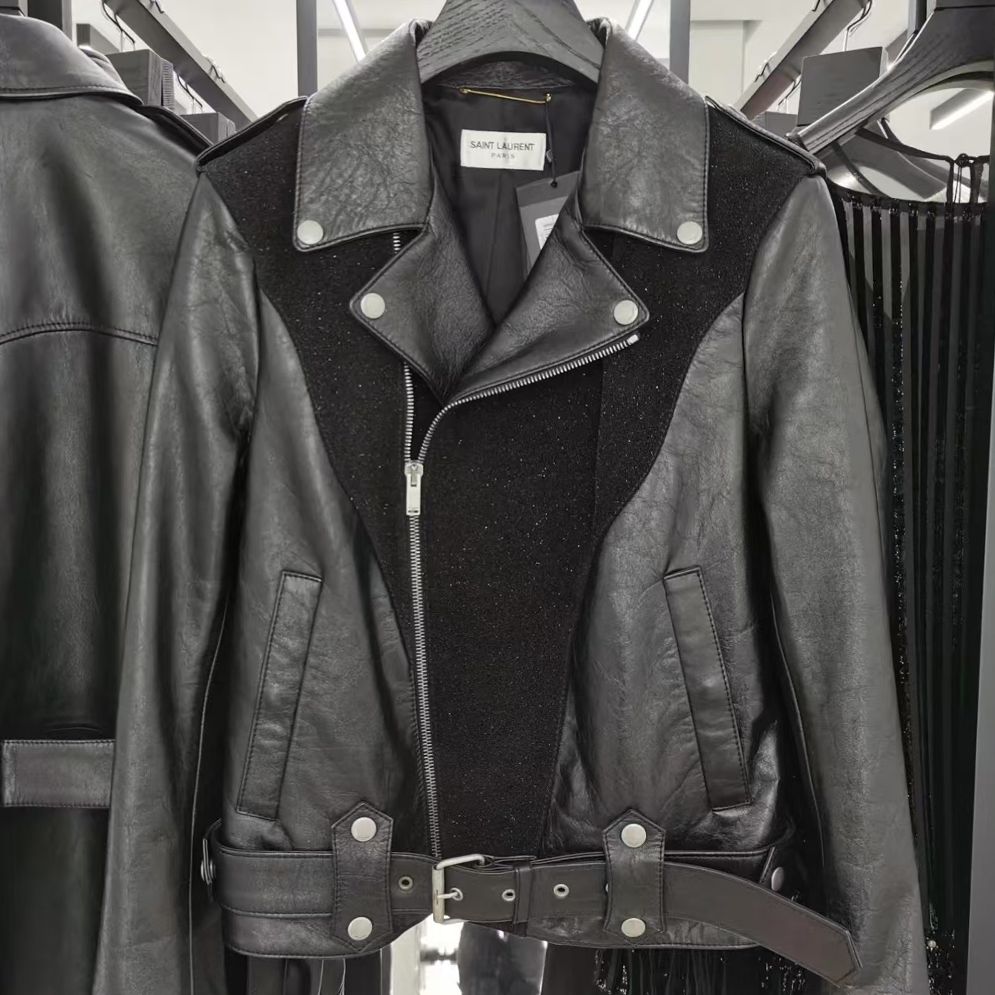 未使用 YSL/圣罗兰 细闪拼色拉链休闲机车皮衣
