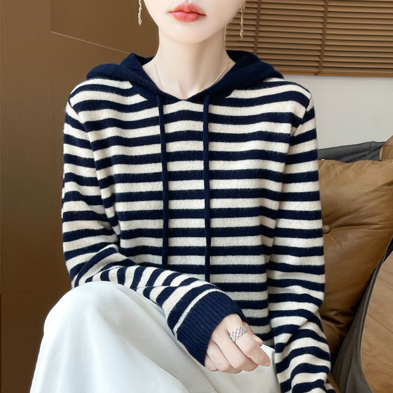 澳洲羊毛条纹帽衫 慵懒风宽松外套 秋冬复古百搭毛衣女