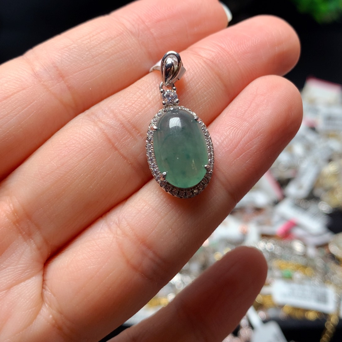翡翠戒指银S925镶嵌天然翡翠吊坠