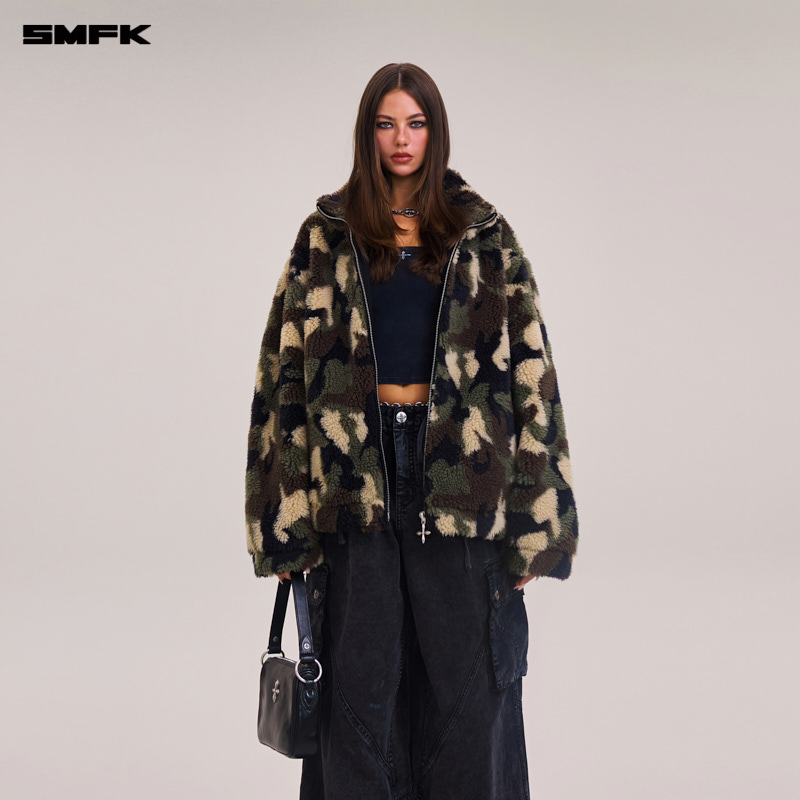 SMFK字雕像流浪羊毛提花迷彩阔身夹克 CF011CF 冬季宽松保暖外套