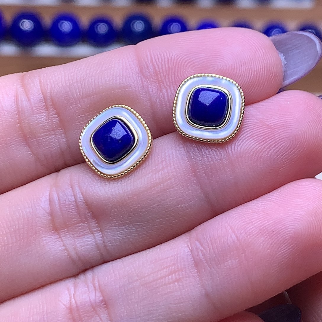 青金石银S925镶嵌耳饰11m