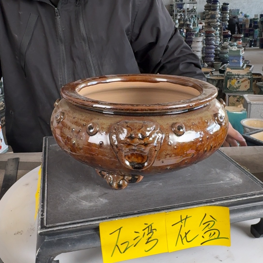 。一风堂石湾花盆 烧猪皮 高温裂 内19*8