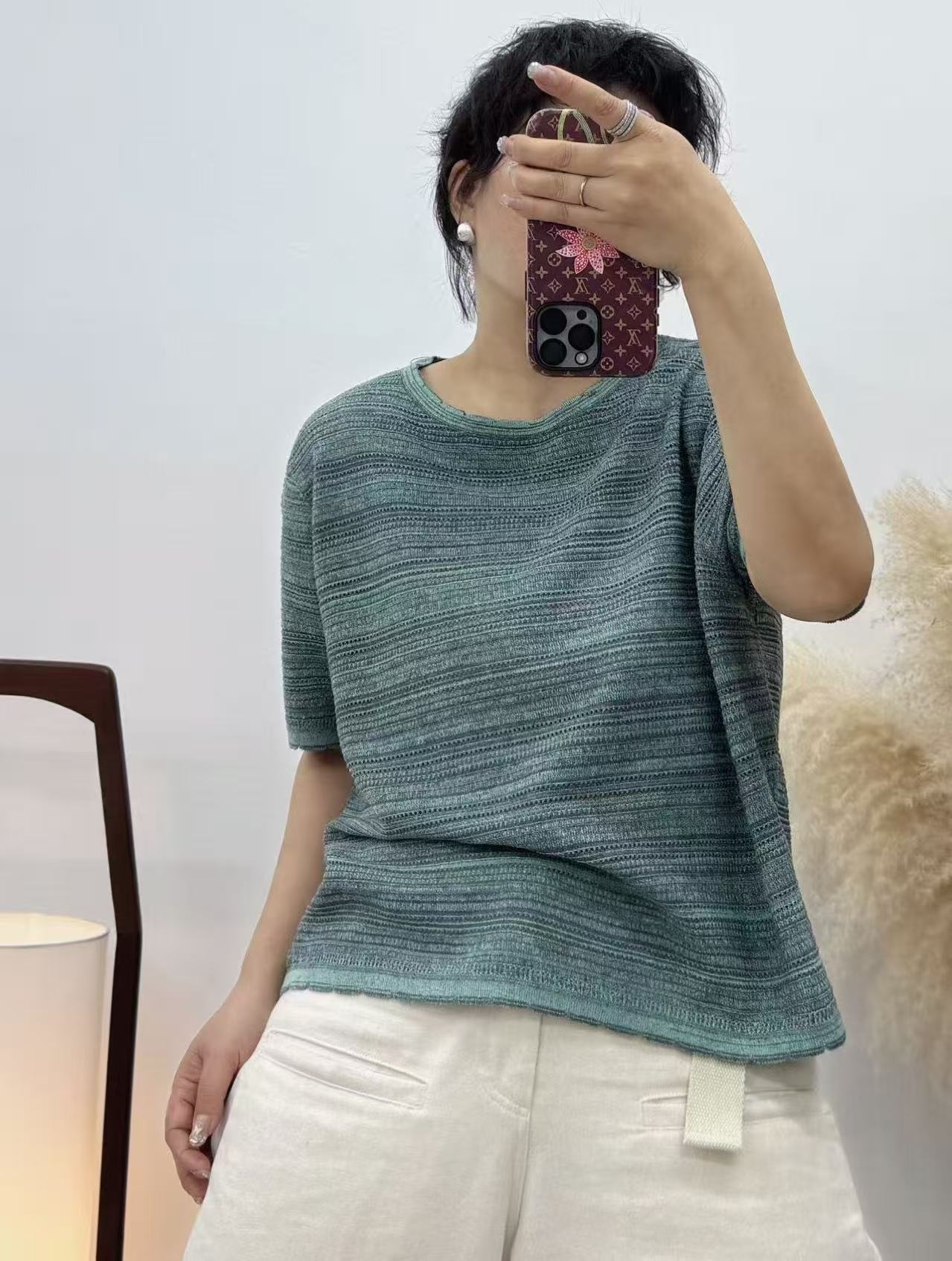 青禾-夏季新款时尚百搭显瘦竹节麻针织圆领短袖SJH98183