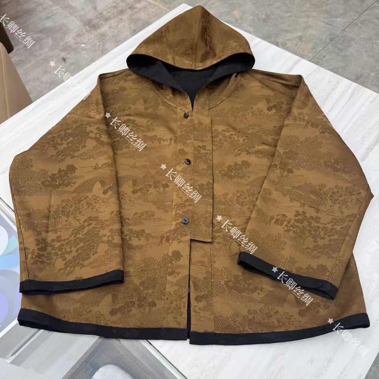 【青青】双面双穿新中式真丝织花连帽国风长袖外套上衣D711