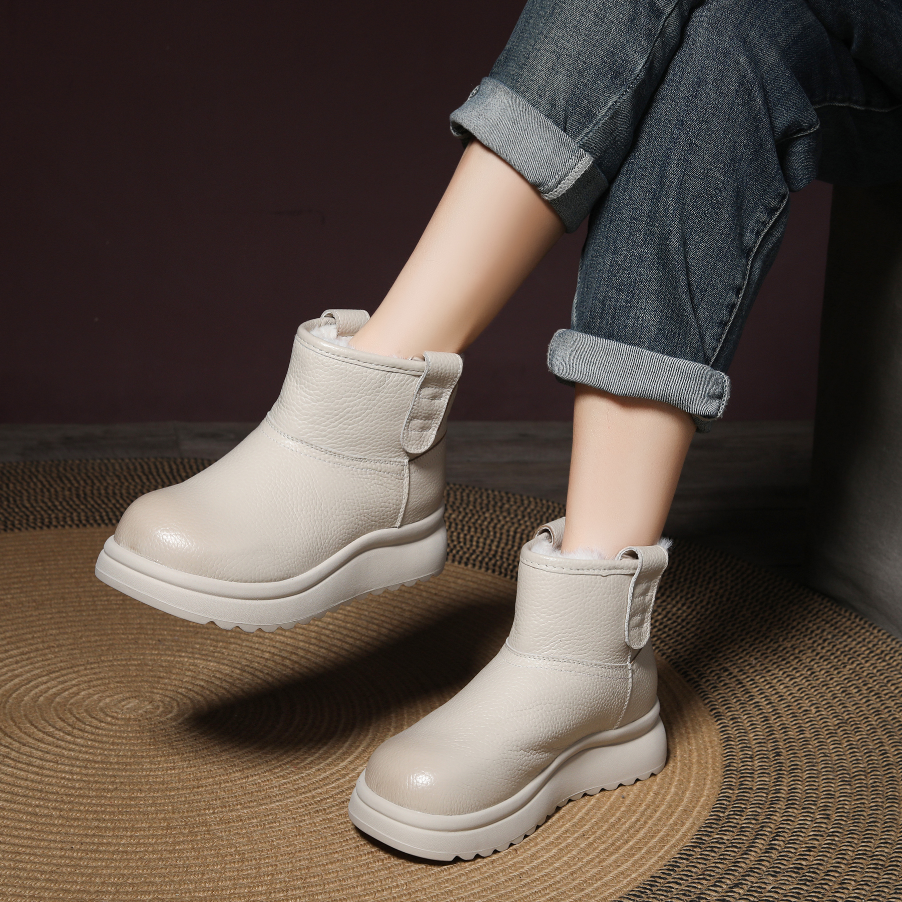 【加绒加厚-头层牛皮-（跟高4.5cm）厚底保暖雪地靴增高小个子皮靴