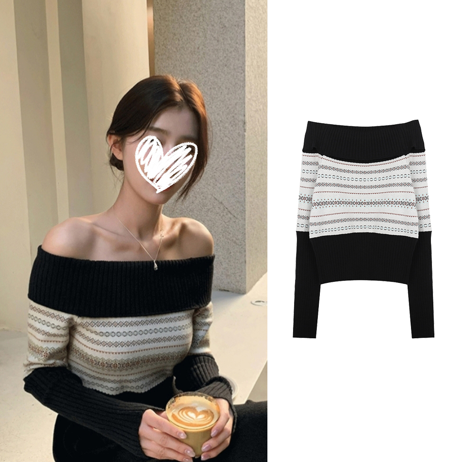 2463#法式高级感费尔岛一字肩秋冬毛衣慵懒风露肩针织性感上衣